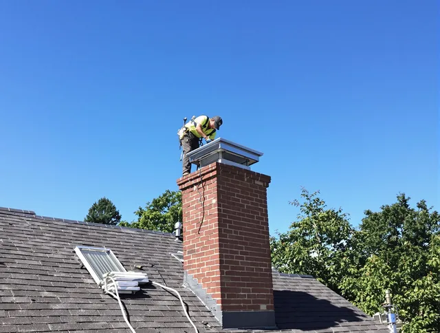 East Haven Chimney Sweep technician measuring a chimney cap in East Haven, CT